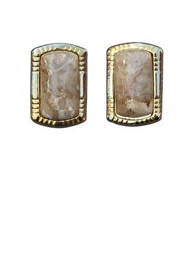 Vintage Gold-Toned Rectangular Stud Earrings With Marbled Beige Stone Accents